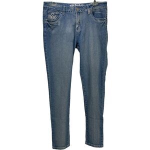 I&P Fashion Junior Womens Skinny Jeans Blue Size 11 Embellished Mid Rise Stretch